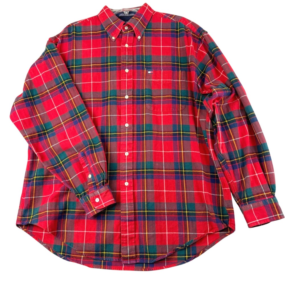 Tommy Hilfiger L Red Tartan Plaid Button Down Shirt Cotton Preppy Logo 90s VTG